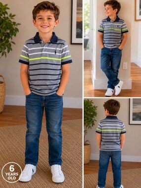 Polo by Ralph Lauren Boys' Navy & Gray Striped Polo with Lime Stripe
